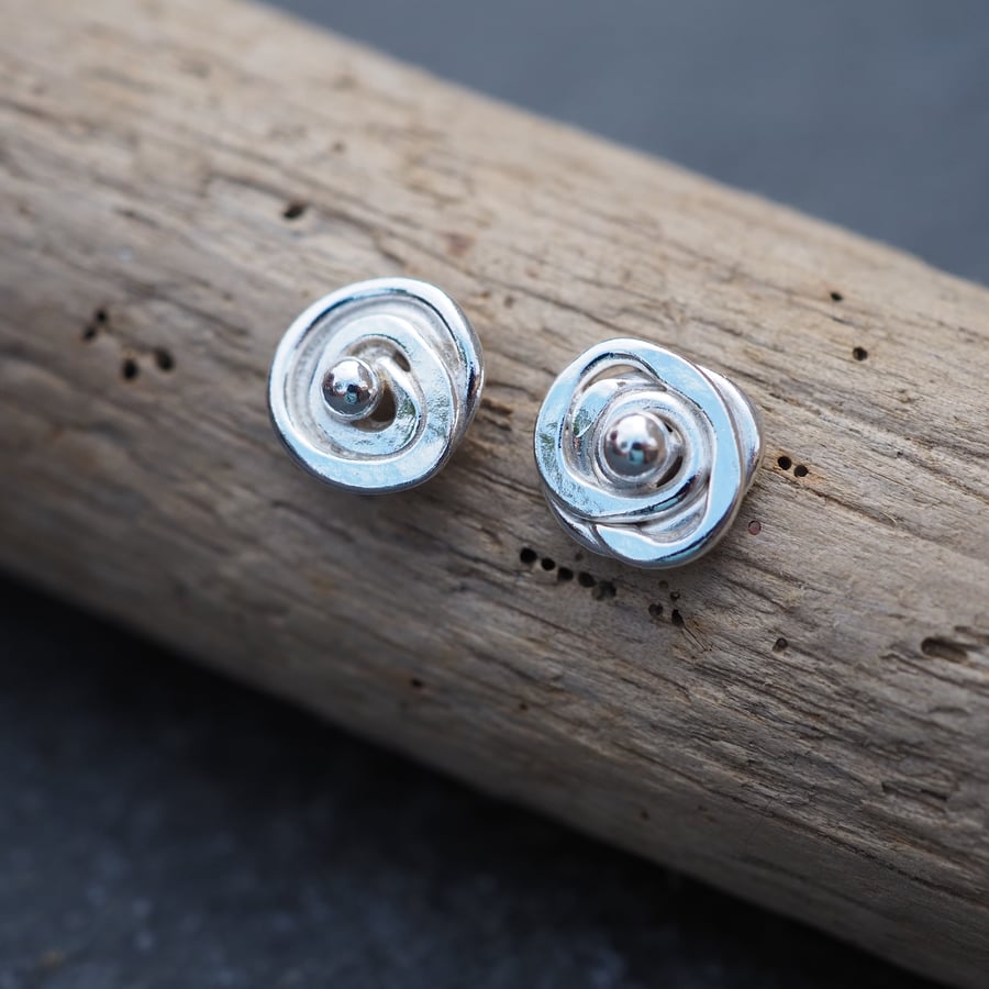 Rose bud, silver stud earrings, recycled silver studs, abstract design