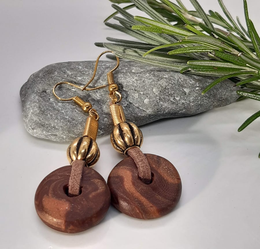 Brown and gold dangly earrings
