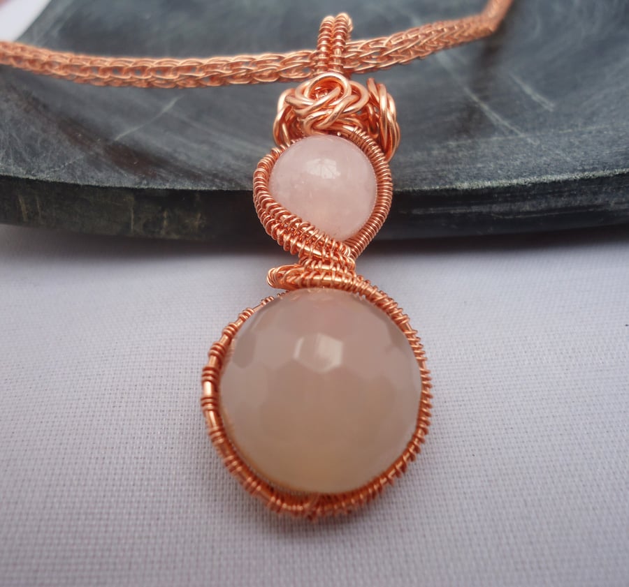 Rose Quartz and Aventurine Wire Wrapped Pendant, Viking Knit Chain