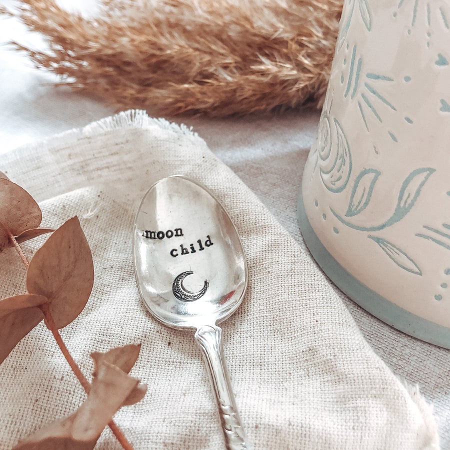 Hand Stamped Moon Child Teaspoon Recycled Upcycled Flatware Vintage Cutlery