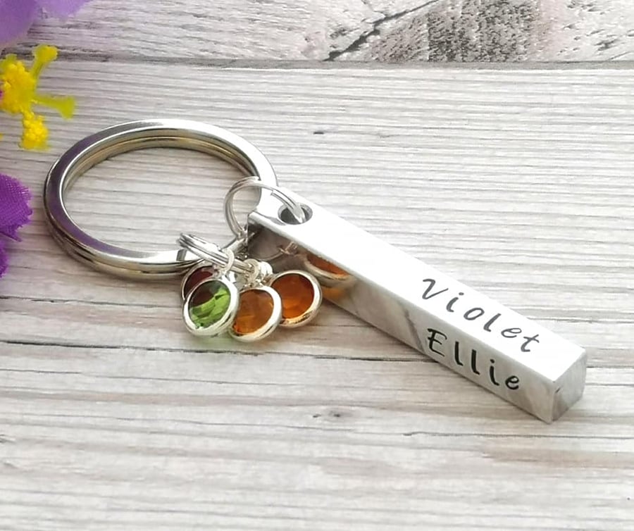 Personalised Keyring With Birthstone Crystals - Four Name Keyring - Chunky Bar