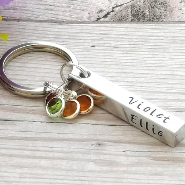 Personalised Keyring With Birthstone Crystals - Four Name Keyring - Chunky Bar