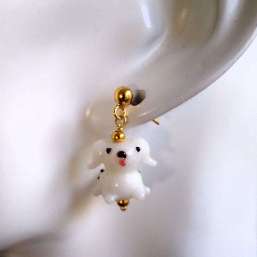 Cute 3D Puppy Dog Lampwork Glass Gold on 925 Sterling Silver Stud Earrings