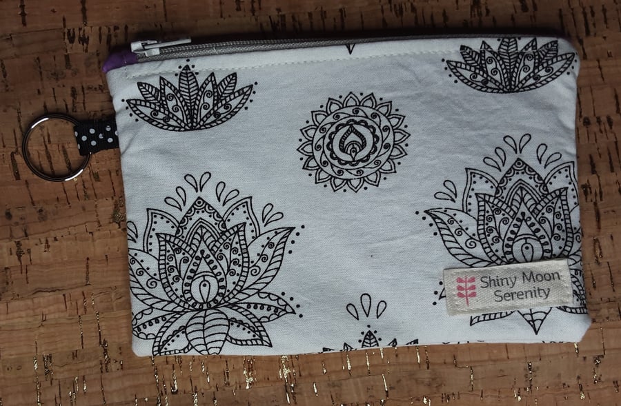 Coin Purse White Black with Lotus Flower Print.