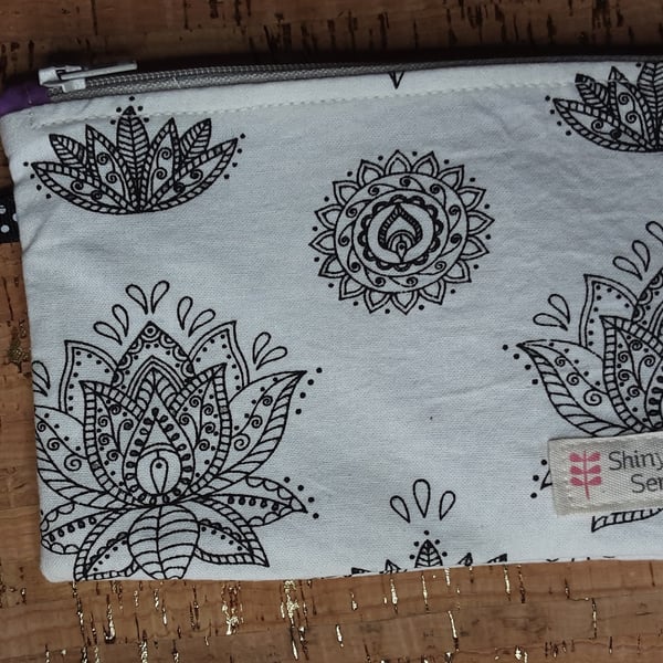 Coin Purse White Black with Lotus Flower Print.