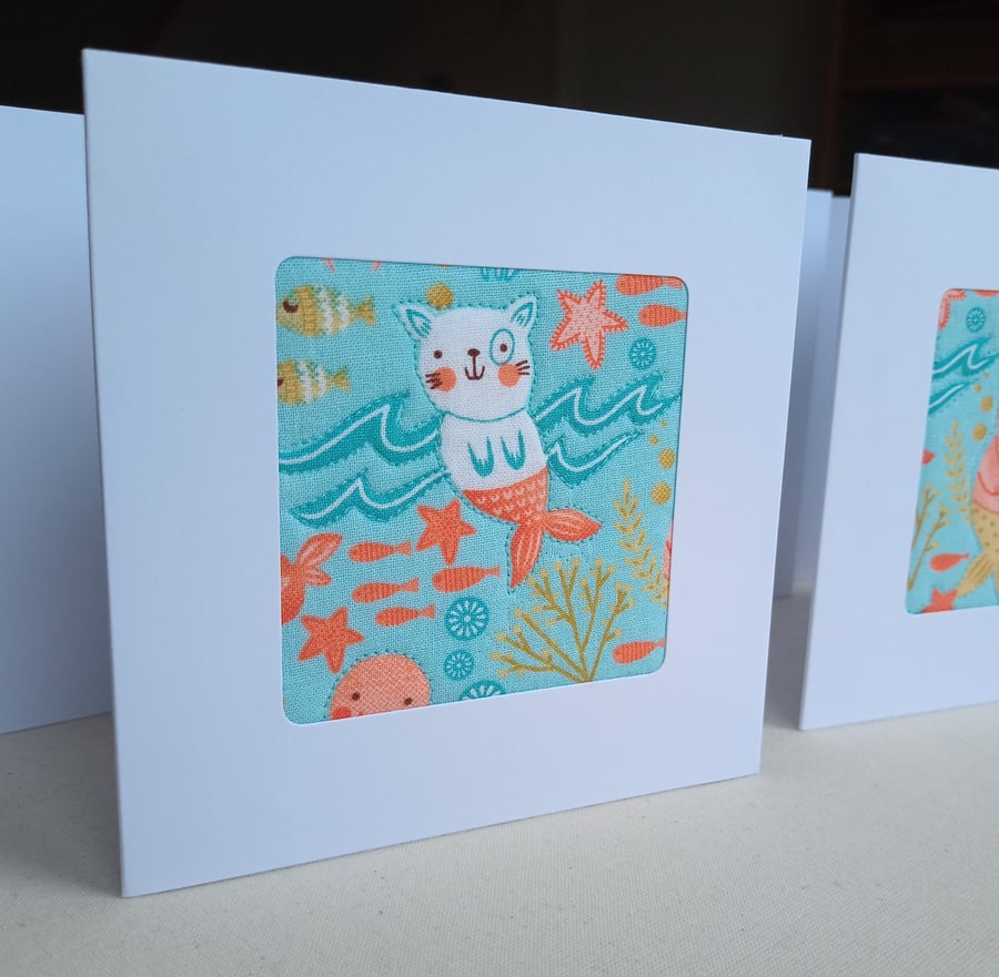 Mermaid cat card for child in quilted fabric - blank