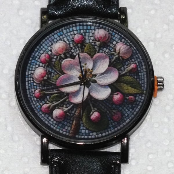 Mosaic Style Apple Blossom Dial Art Quartz Wristwatch