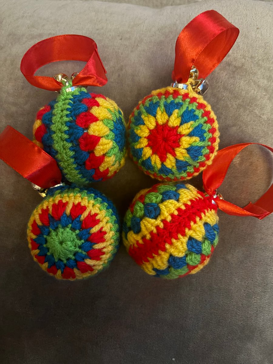 Handmade crochet Christmas tree decorations. Set of 4. With ribbon & bells 