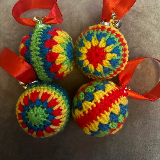 Handmade crochet Christmas tree decorations. Set of 4. With ribbon & bells 