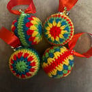 Handmade crochet Christmas tree decorations. Set of 4. With ribbon & bells 