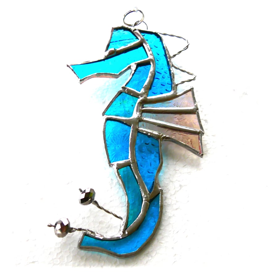 Seahorse Stained Glass Suncatcher Aqua Handmade 032