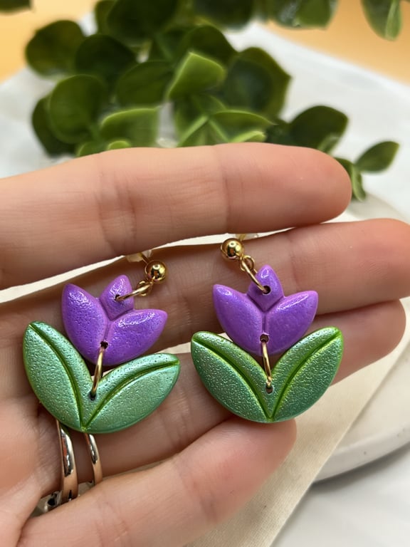 Purple tulip polymer clay earrings for her, Floral jewellery for spring lovers
