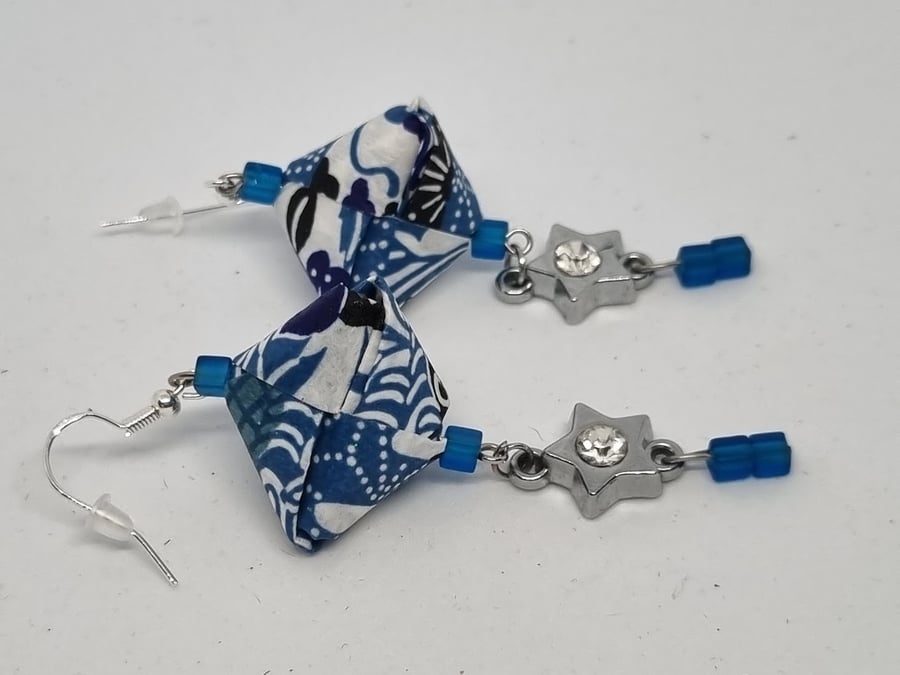 Origami earrings: Japanese Aizome Chiyogami paper, blue beads and charms