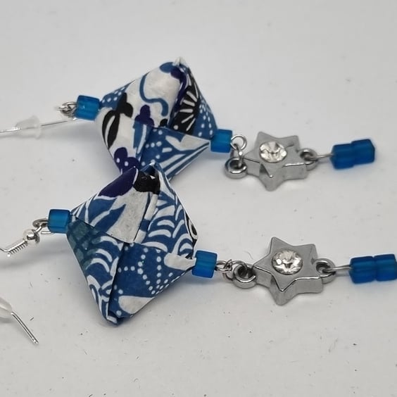 Origami earrings: Japanese Aizome Chiyogami paper, blue beads and charms