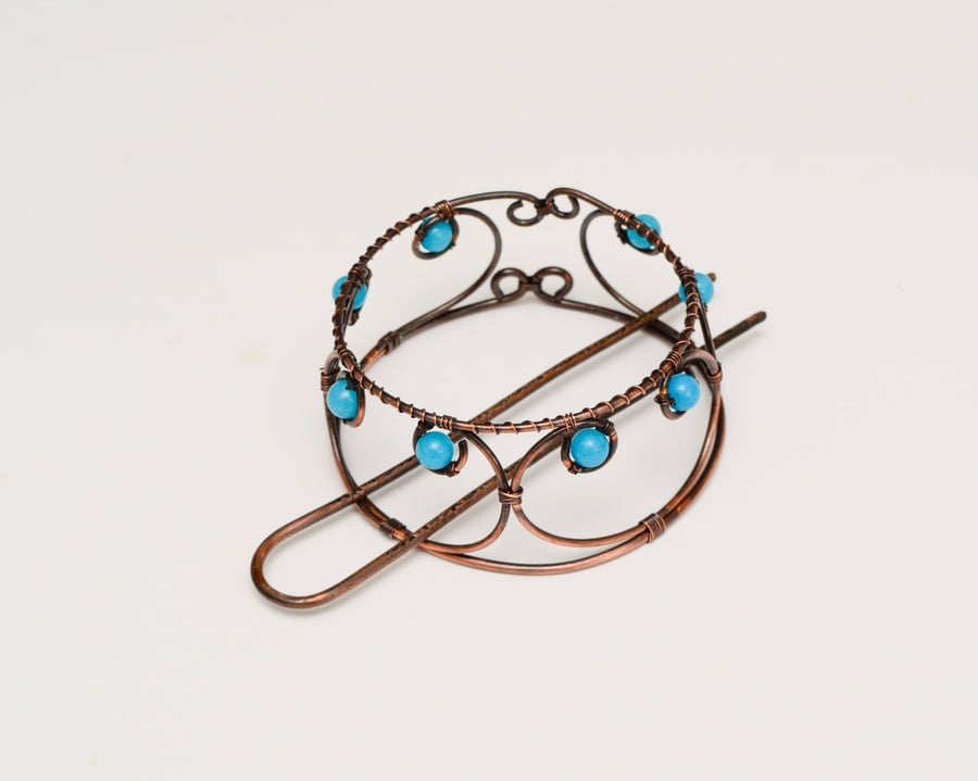 Copper Spiral Hair Bun Cuff,Blue Quartz Hair Cage with Pin, Viking Boho Hair 