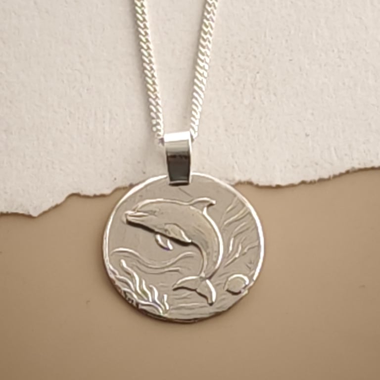 Dolphin Engraved Sterling Silver Coin Necklace
