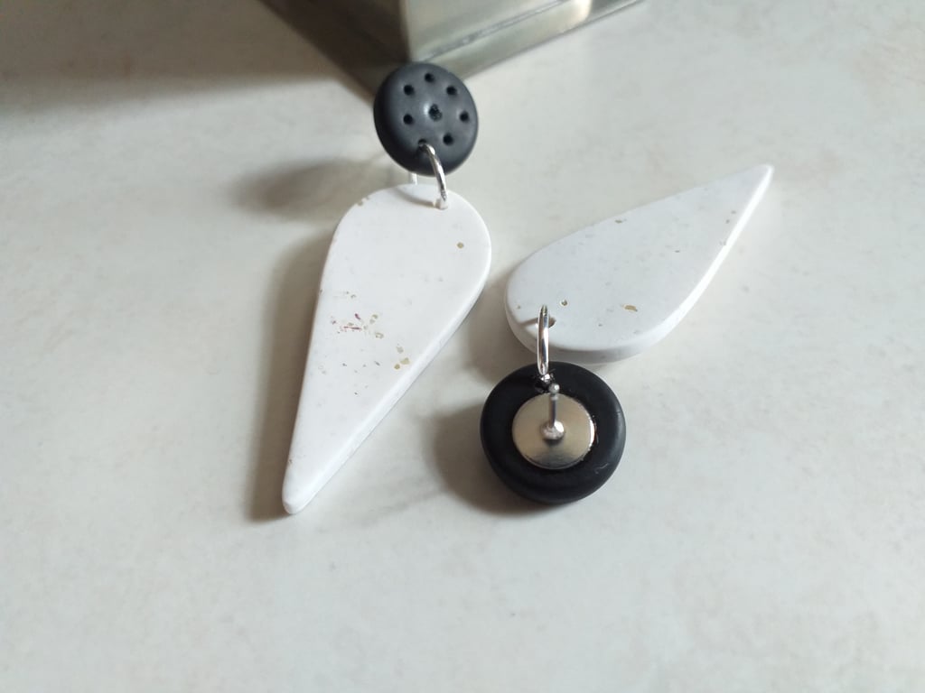 BLACK AND WHITE POLYMER CLAY DANGLE EARRINGS - DROP EARRINGS - TEAR EARRINGS