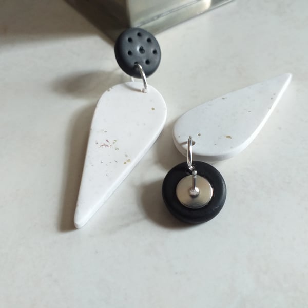 BLACK AND WHITE POLYMER CLAY DANGLE EARRINGS - DROP EARRINGS - TEAR EARRINGS