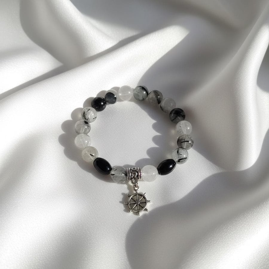 Tourmalinated Quartz and Black Agate Stretch Bracelet Ship's Wheel Charm 