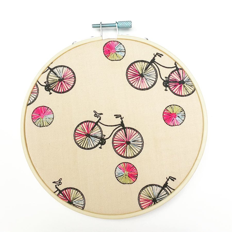 Cycling embroidery hoop, bicycle art, textile art hoop