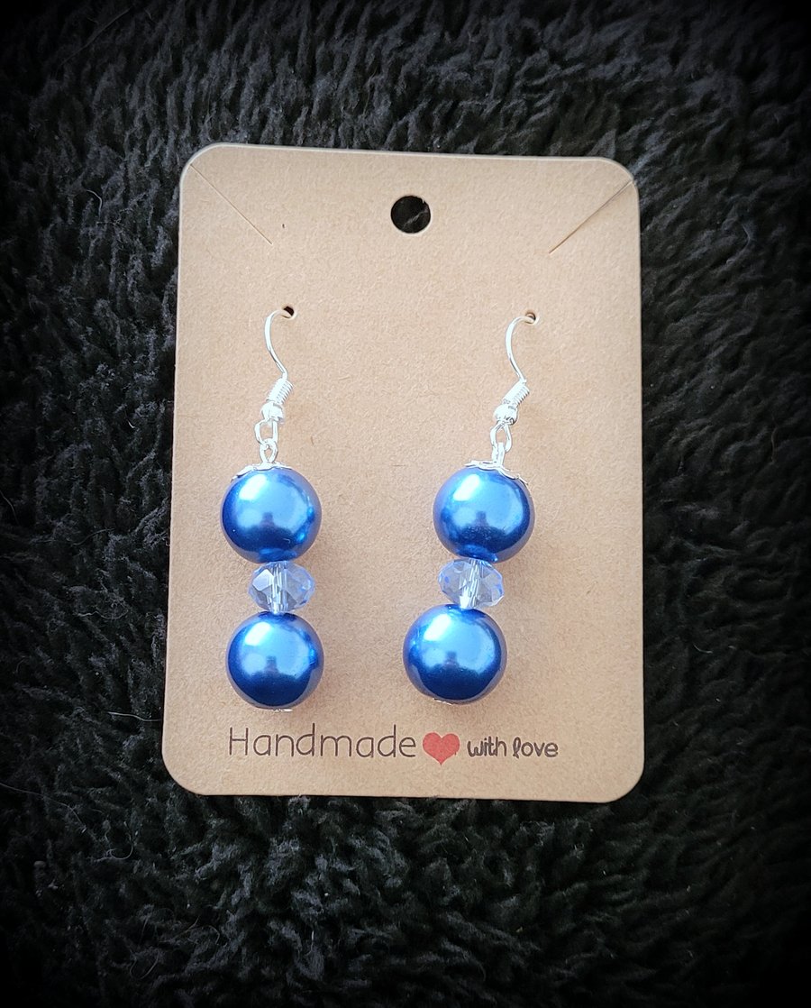 12mm Blue Glass Pearl & Crystal Dangle Earrings on Silver Plated Earring Hooks