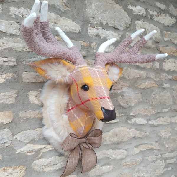 Handmade faux taxidermy stag Harris tweed mustard check deer head wall mount