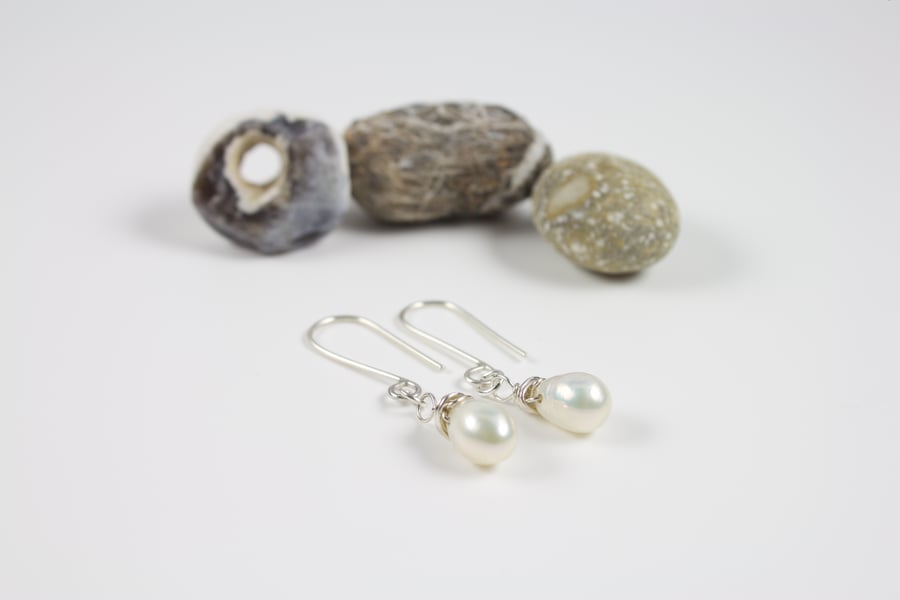 Freshwater Baroque White Pearl Silver Drop Earrings