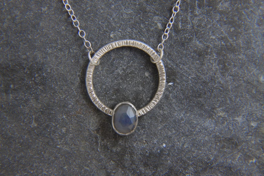 Hammered Circle and Blue Sapphire Gemstone and Sterling Silver Necklace Pendant 