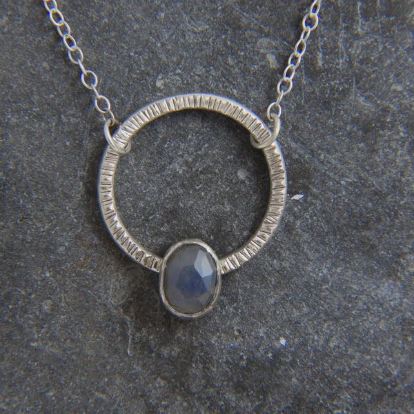 Hammered Circle and Blue Sapphire Gemstone and Sterling Silver Necklace Pendant 