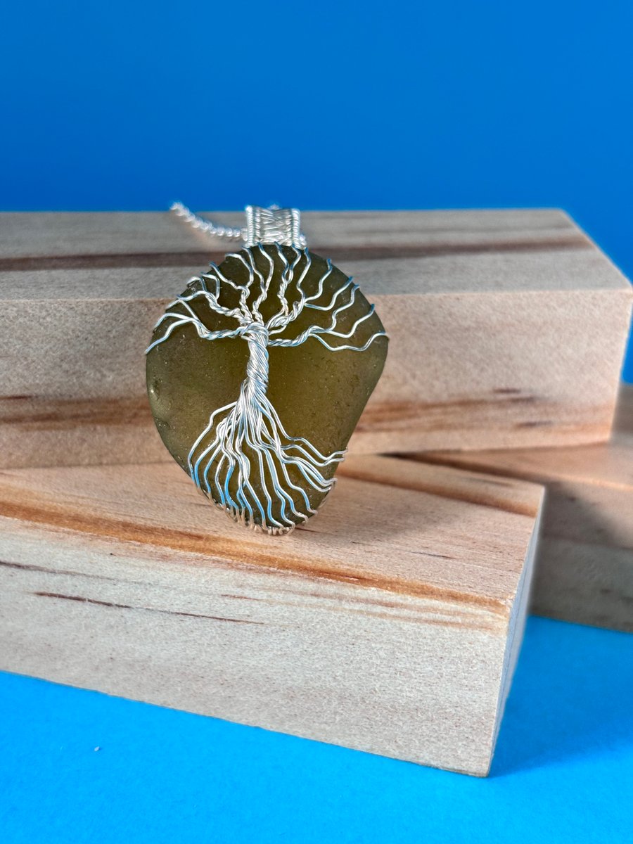 Scottish Sea Glass Pendant, Tree of Life design