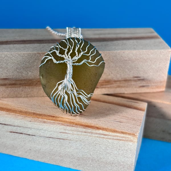 Scottish Sea Glass Pendant, Tree of Life design