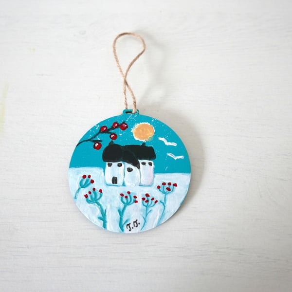 Turquoise Christmas Ornament, Hanging Decoration, Landscape Painting, Cottage 