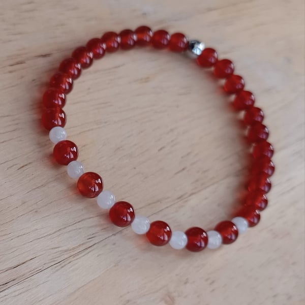 Red Carnelian & White Jade Bracelet, 6mm Semi-precious Beads, Layering Bracelet