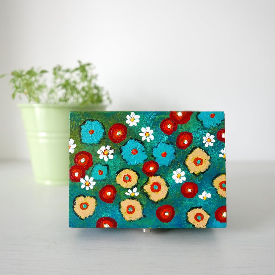 Teal Floral Hand painted Box, Wildflowers Pattern, Storage for Jewellery 