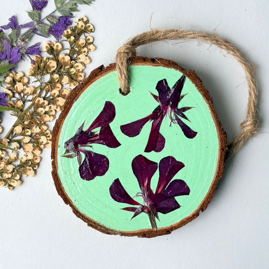 Pressed Pelargonium Flower Wood Slice Hanging Decoration Hand Painted