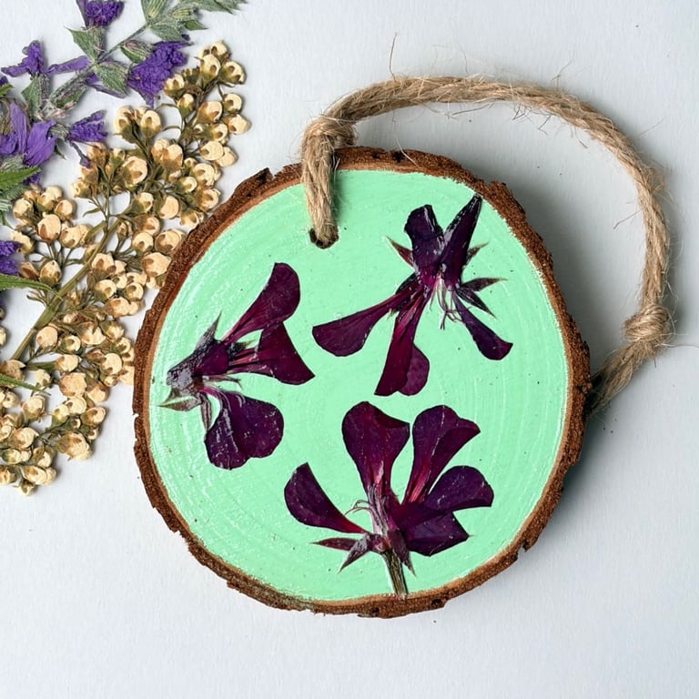 Pressed Pelargonium Flower Wood Slice Hanging Decoration Hand Painted