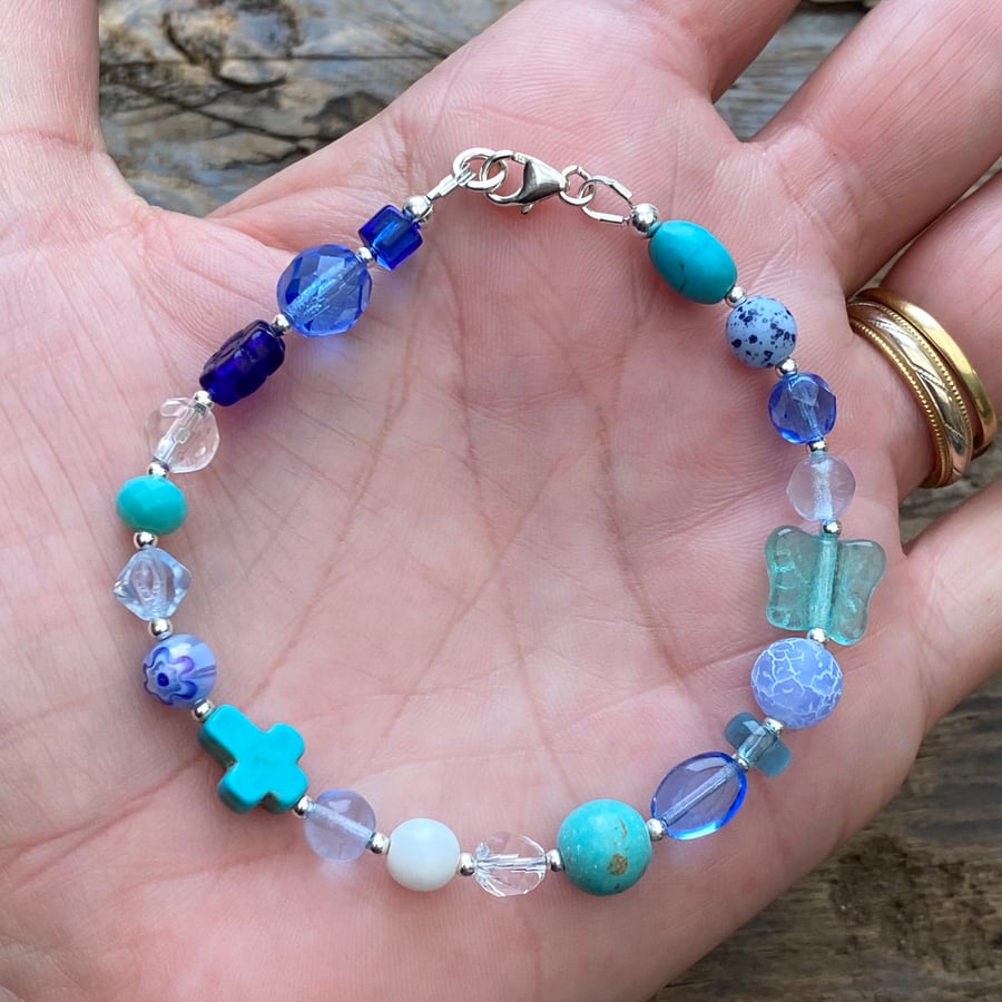 Turquoise and Blue Mix Beads & Sterling Silver Bracelet 
