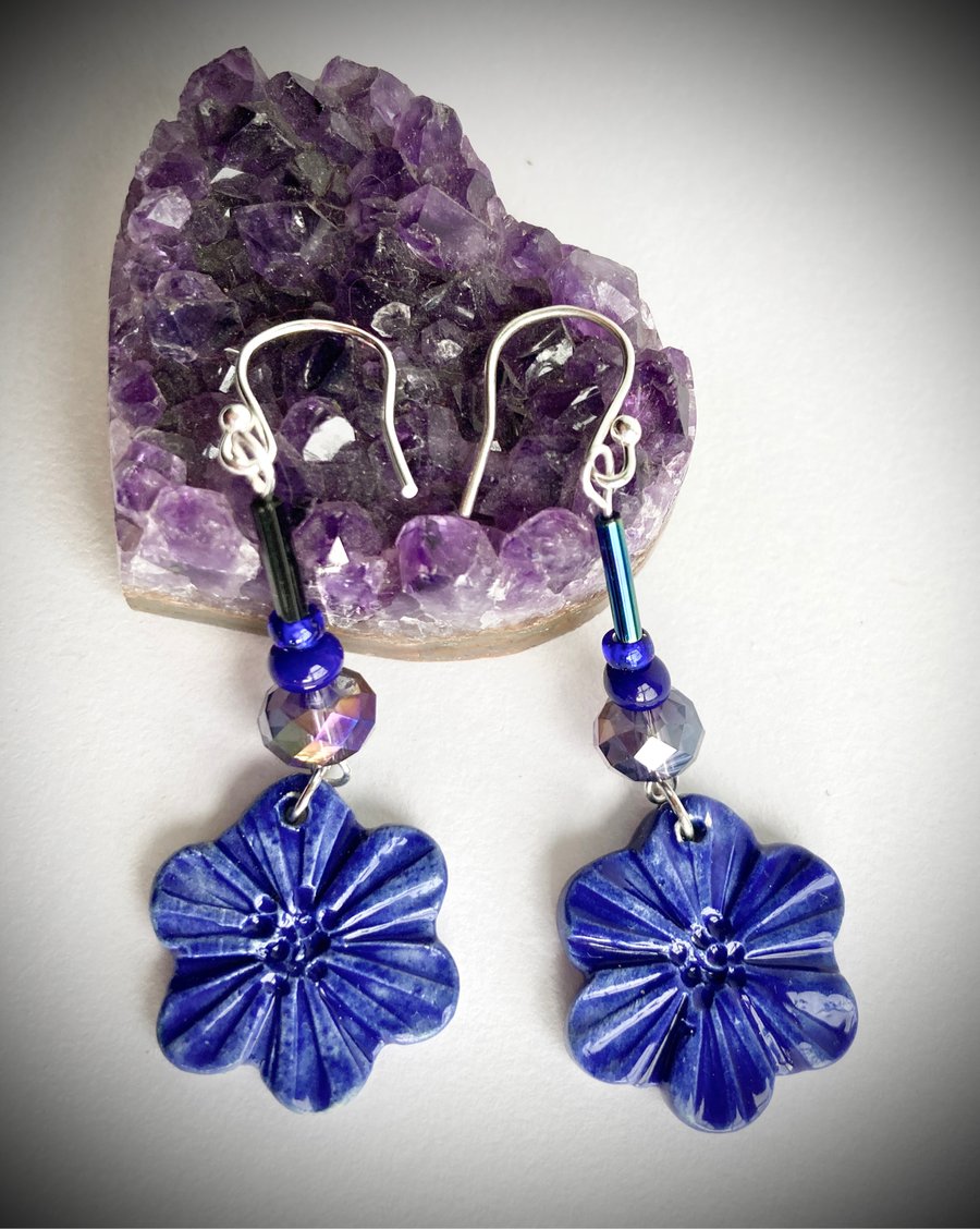 Ceramic Blue Flower Crystal Earrings