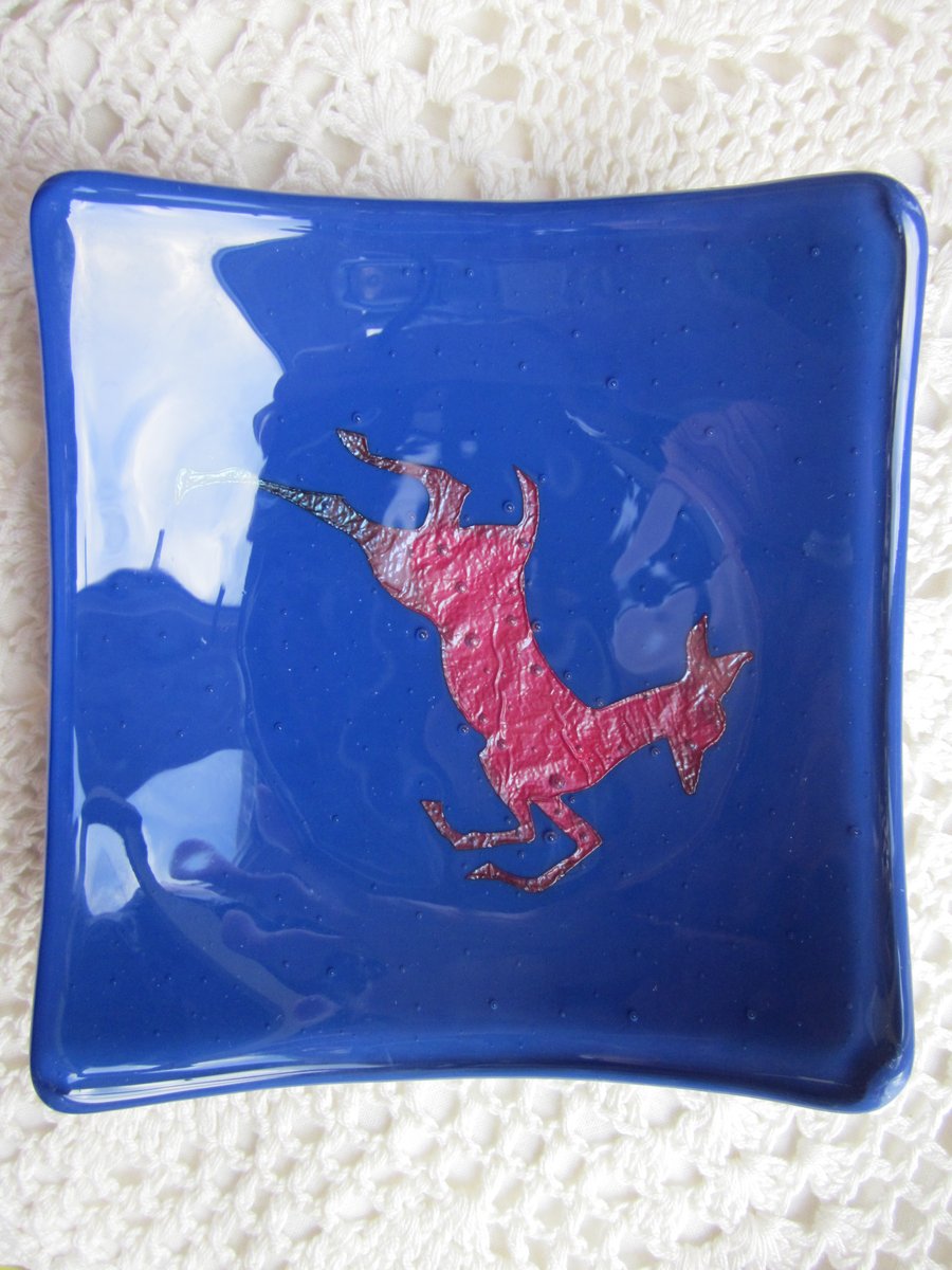 Handmade fused glass candy bowl - copper deer on deep blue