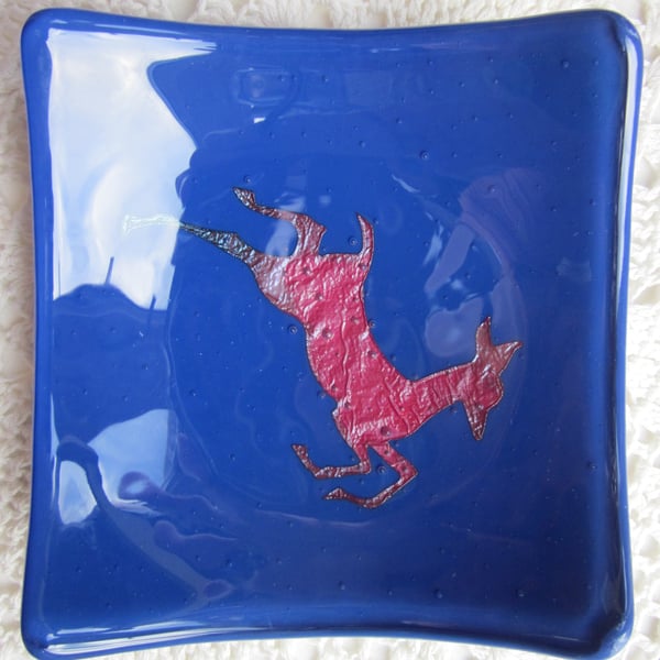 Handmade fused glass candy bowl - copper deer on deep blue