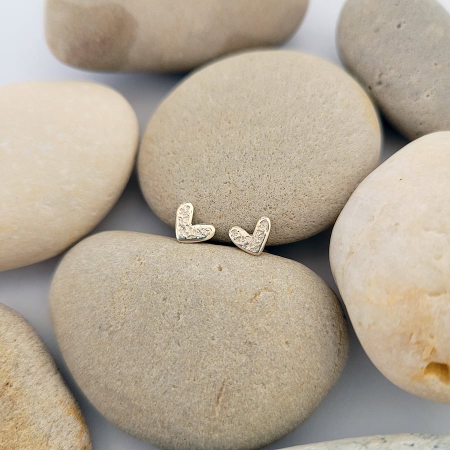 Sterling Silver Heart Stud Earrings, Pebble Textured Small Studs