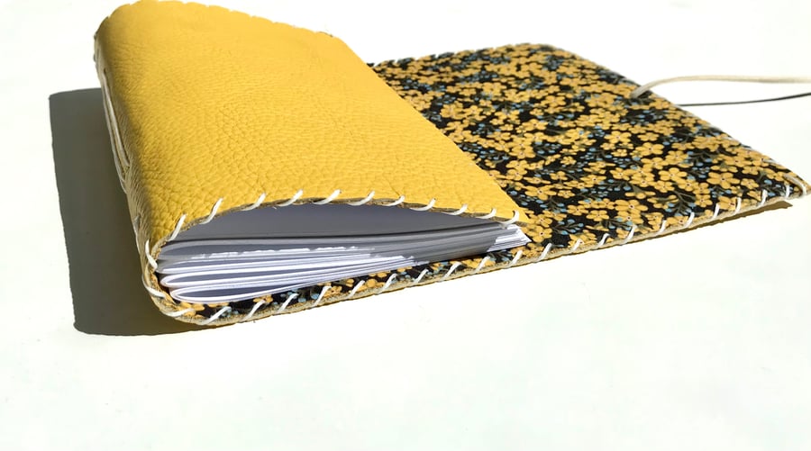 A6 Fold over handmade Leather yellow notebook journal floral fabric lining