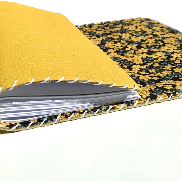 A6 Fold over handmade Leather yellow notebook journal floral fabric lining