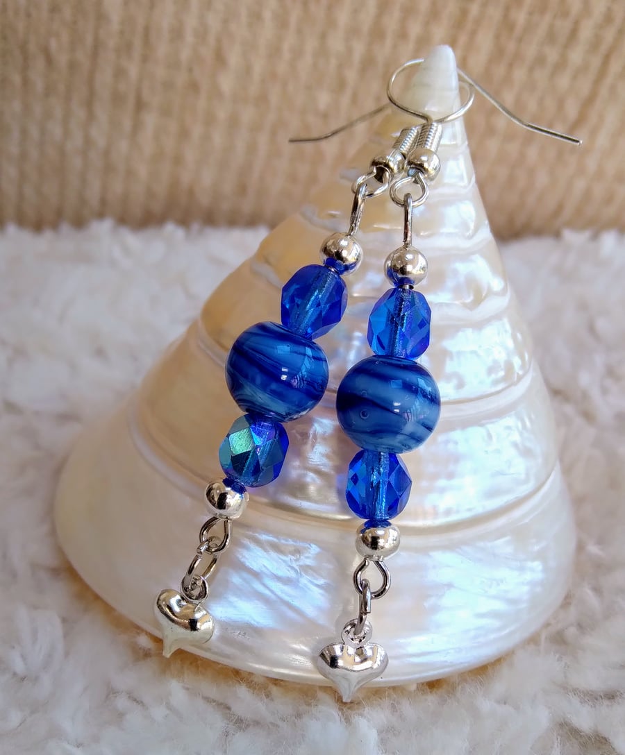 Blue Agate & Czech crystal beaded Tibetan silver tiny heart charm EARRINGS