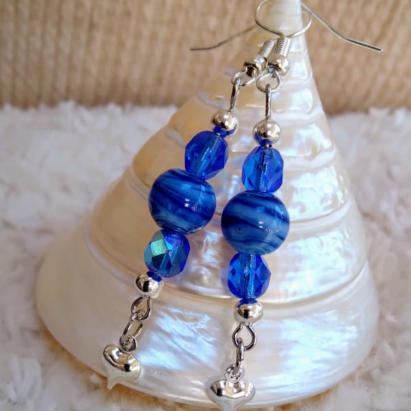 Blue Agate & Czech crystal beaded Tibetan silver tiny heart charm EARRINGS