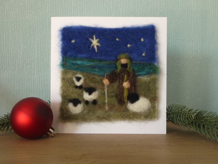 Needle felted handmade Shepard Christmas Card