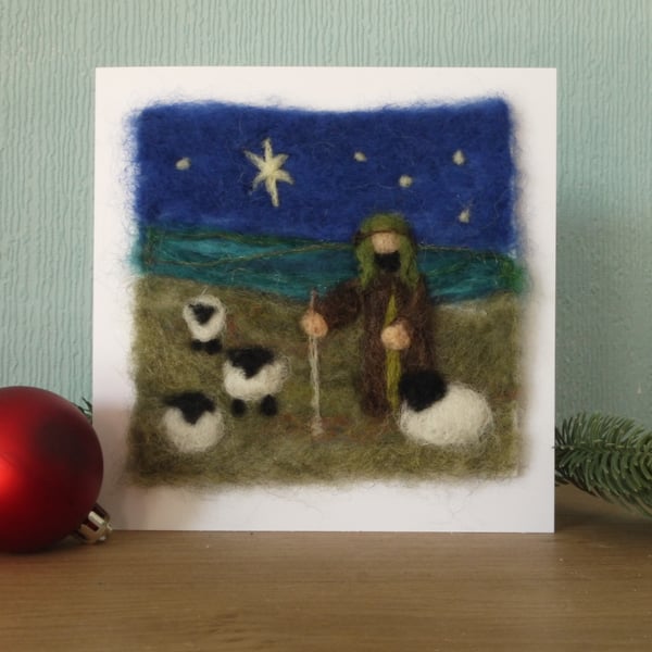 Needle felted handmade Shepard Christmas Card