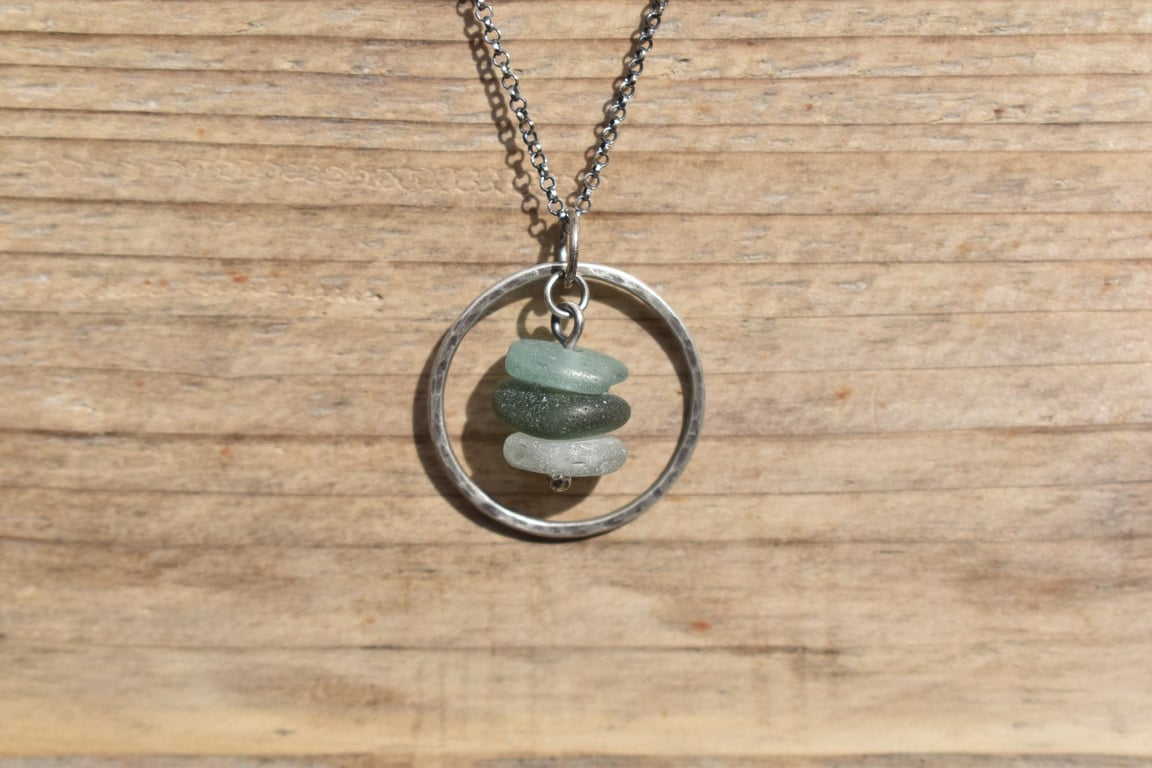 Highland Sea Glass and Sterling Silver Stacked Hoop Necklace