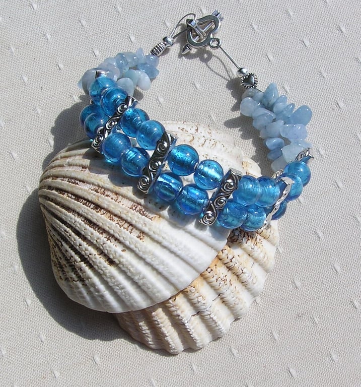 Blue Silver-Foil and Aquamarine Gemstone Crystal Beaded Bracelet