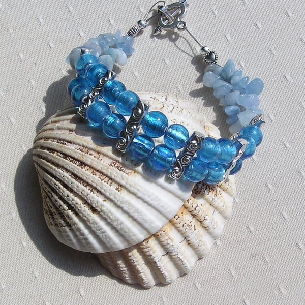 Blue Silver-Foil and Aquamarine Gemstone Crystal Beaded Bracelet